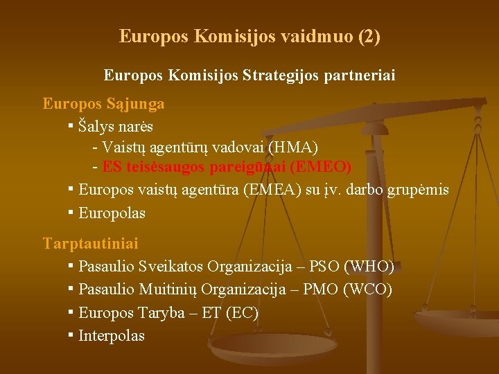 Europos Komisijos vaidmuo (2) Europos Komisijos Strategijos partneriai Europos Sąjunga ▪ Šalys narės -