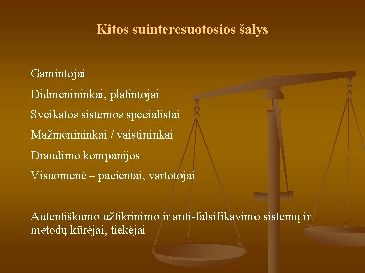 Kitos suinteresuotosios šalys Gamintojai Didmenininkai, platintojai Sveikatos sistemos specialistai Mažmenininkai / vaistininkai Draudimo kompanijos