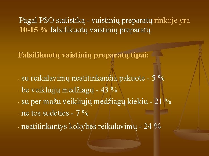 Pagal PSO statistiką - vaistinių preparatų rinkoje yra 10 -15 % falsifikuotų vaistinių preparatų.