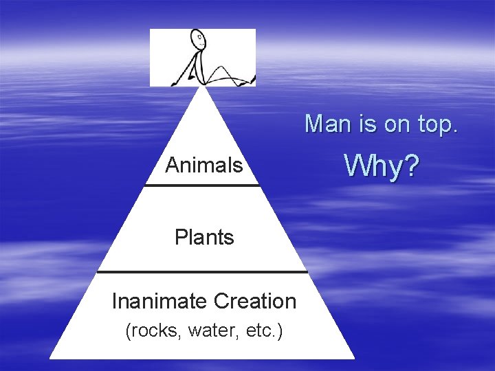 Man is on top. Animals Plants Inanimate Creation (rocks, water, etc. ) Why? 