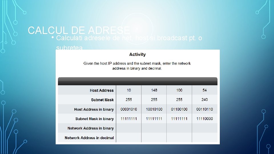 CALCUL DE ADRESE • Calculati adresele de net, host si broadcast pt. o subretea