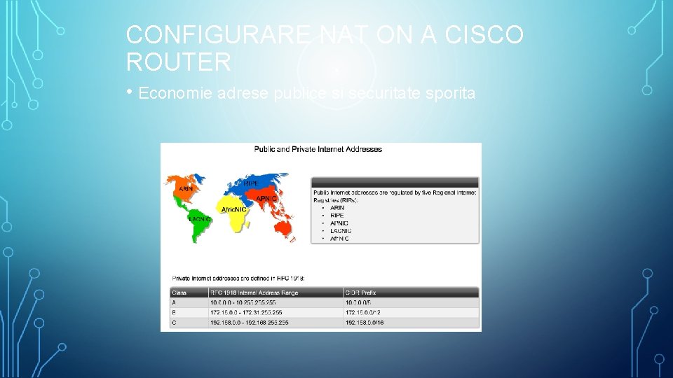 CONFIGURARE NAT ON A CISCO ROUTER • Economie adrese publice si securitate sporita 