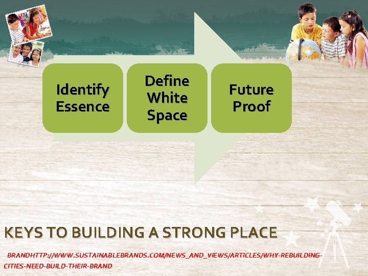 Identify Essence Define White Space Future Proof KEYS TO BUILDING A STRONG PLACE BRANDHTTP: