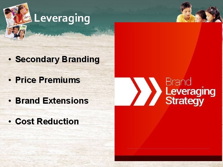 Leveraging • Secondary Branding • Price Premiums • Brand Extensions • Cost Reduction 