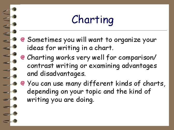 Charting Sometimes you will want to organize your ideas for writing in a chart.