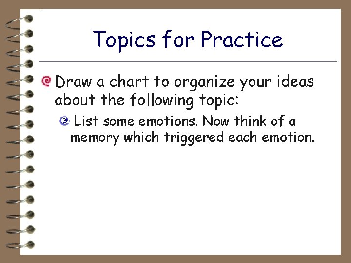 Topics for Practice Draw a chart to organize your ideas about the following topic:
