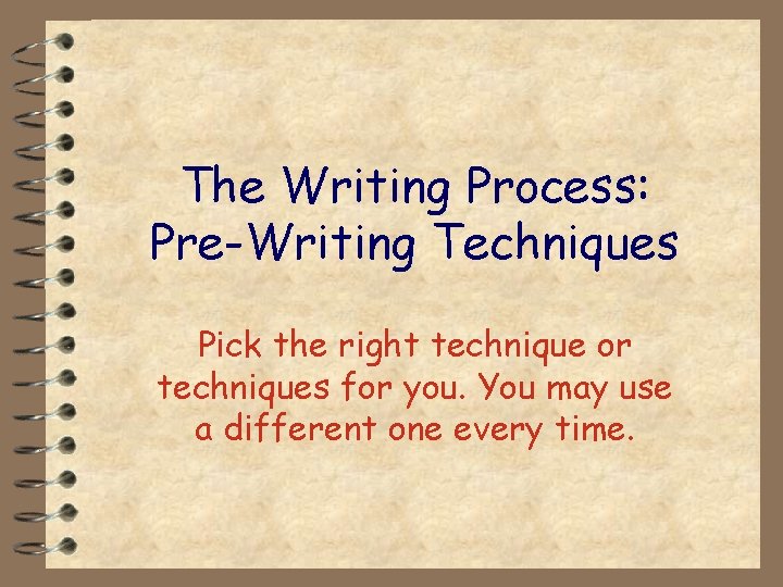 The Writing Process: Pre-Writing Techniques Pick the right technique or techniques for you. You