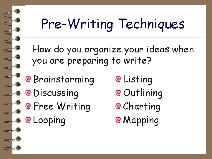 Pre-Writing Techniques How do you organize your ideas when you are preparing to write?
