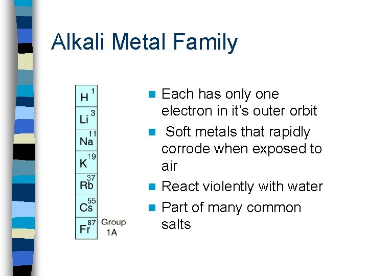 Alkali Metal Family Each has only one electron in it’s outer orbit n Soft