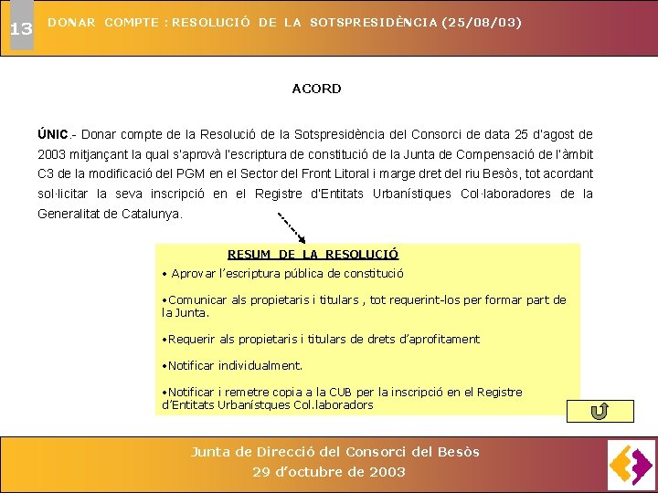 13 DONAR COMPTE : RESOLUCIÓ DE LA SOTSPRESIDÈNCIA (25/08/03) ACORD ÚNIC. - Donar compte