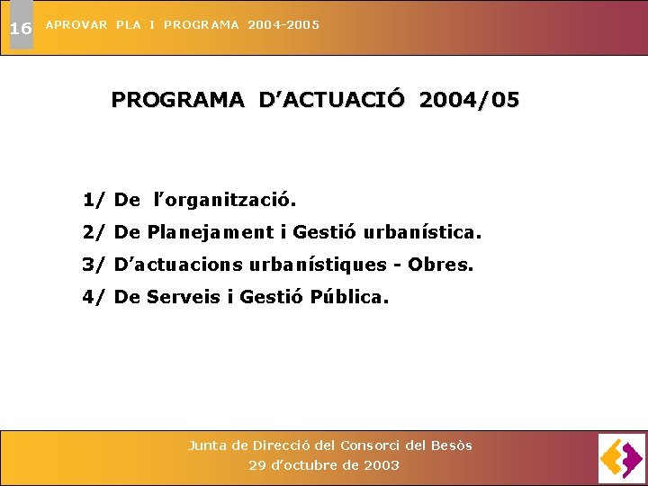 16 APROVAR PLA I PROGRAMA 2004 -2005 PROGRAMA D’ACTUACIÓ 2004/05 1/ De l’organització. 2/