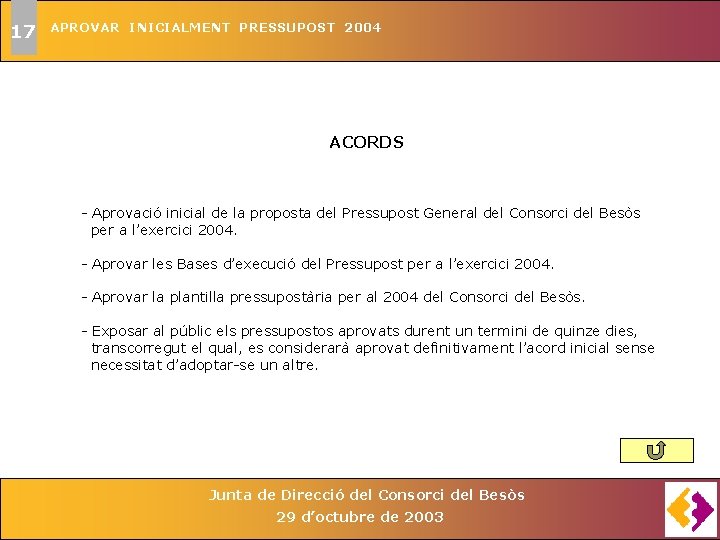 17 APROVAR INICIALMENT PRESSUPOST 2004 ACORDS - Aprovació inicial de la proposta del Pressupost