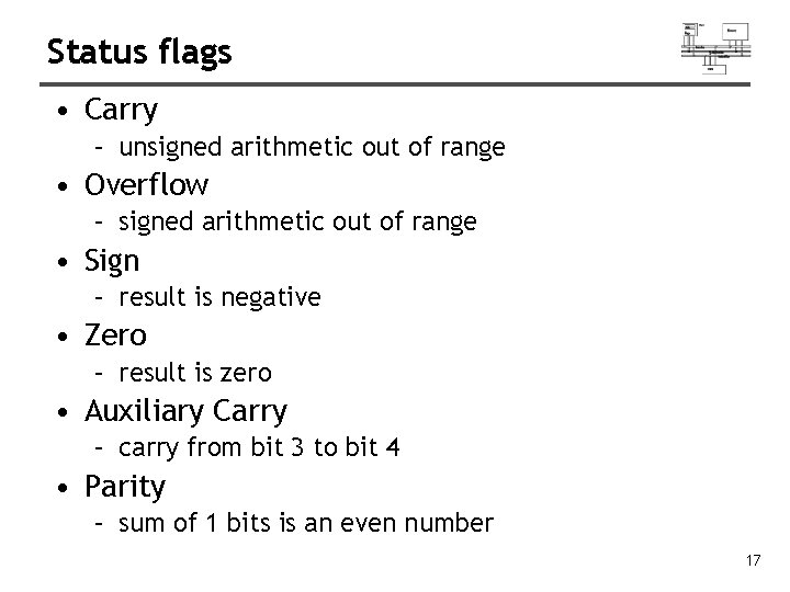 Status flags • Carry – unsigned arithmetic out of range • Overflow – signed