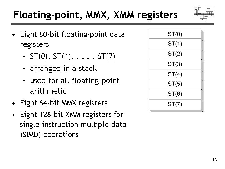 Floating-point, MMX, XMM registers • Eight 80 -bit floating-point data registers – ST(0), ST(1),