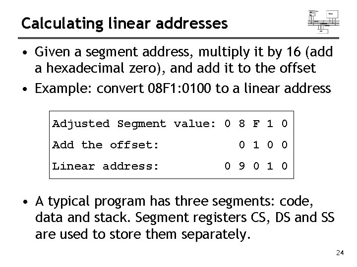 Calculating linear addresses • Given a segment address, multiply it by 16 (add a