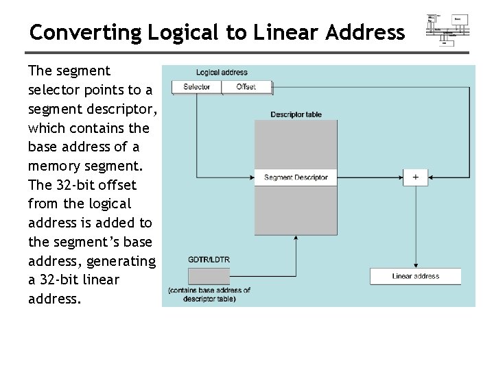 Converting Logical to Linear Address The segment selector points to a segment descriptor, which