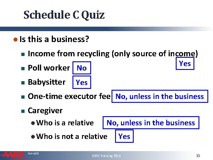 Schedule C Quiz ● Is this a business? Income from recycling (only source of