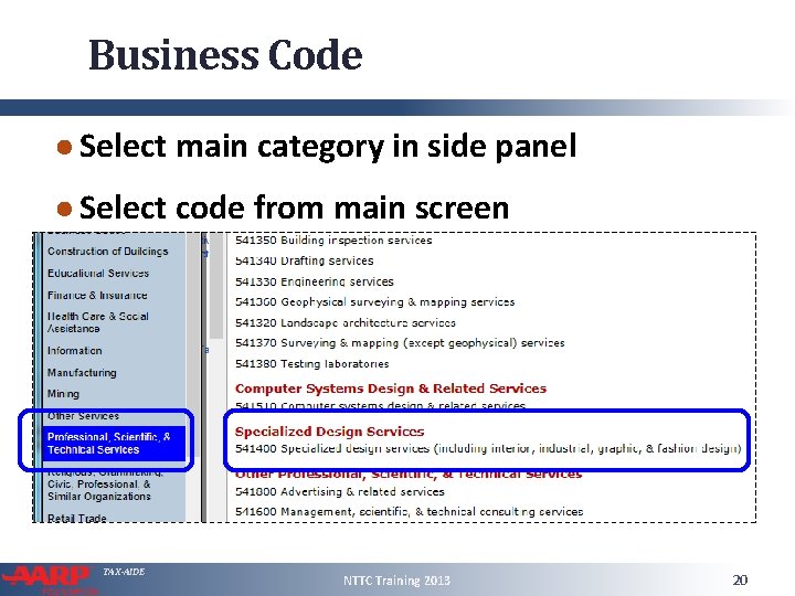 Business Code ● Select main category in side panel ● Select code from main