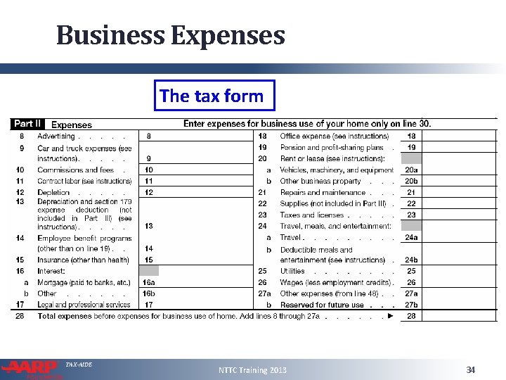 Business Expenses The tax form TAX-AIDE NTTC Training 2013 34 