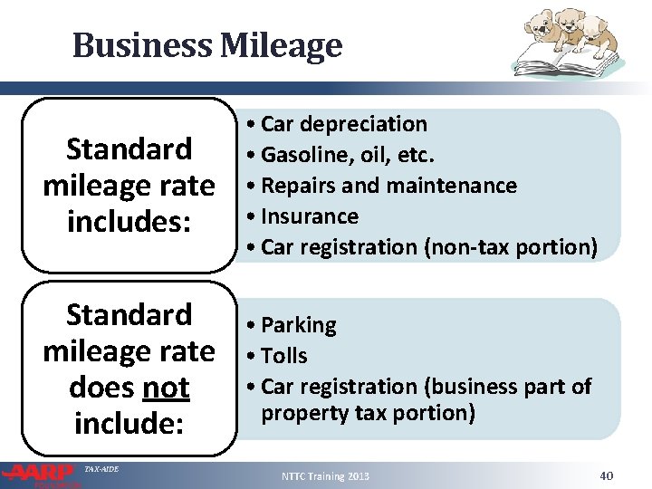 Business Mileage Standard mileage rate includes: • Car depreciation • Gasoline, oil, etc. •