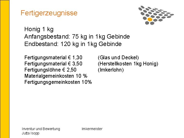 Fertigerzeugnisse Honig 1 kg Anfangsbestand: 75 kg in 1 kg Gebinde Endbestand: 120 kg