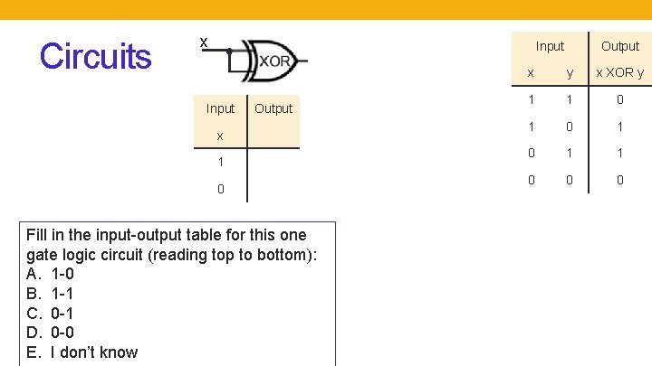 Circuits x Input Output x 1 0 Fill in the input-output table for this