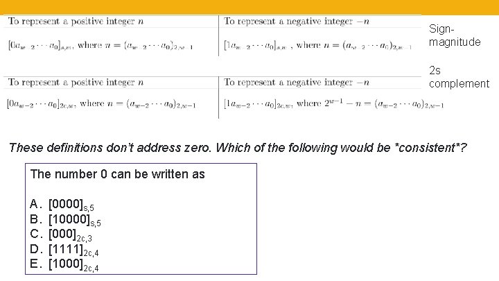 Signmagnitude 2 s complement These definitions don’t address zero. Which of the following would