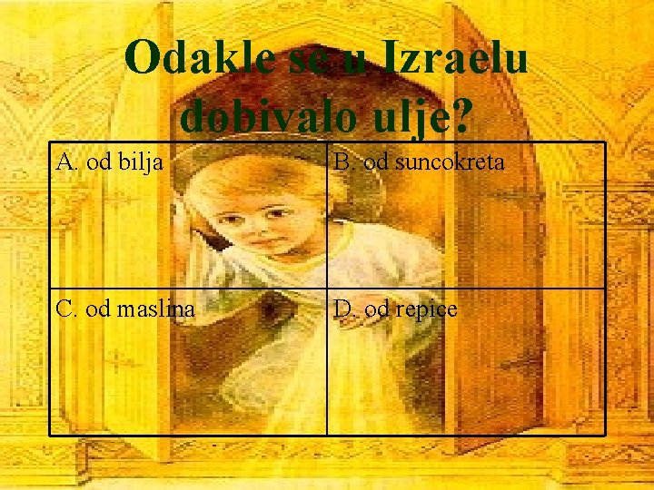 Odakle se u Izraelu dobivalo ulje? A. od bilja B. od suncokreta C. od