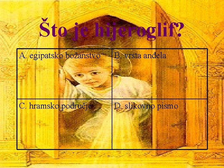 Što je hijeroglif? A. egipatsko božanstvo B. vrsta anđela C. hramsko područje D. slikovno