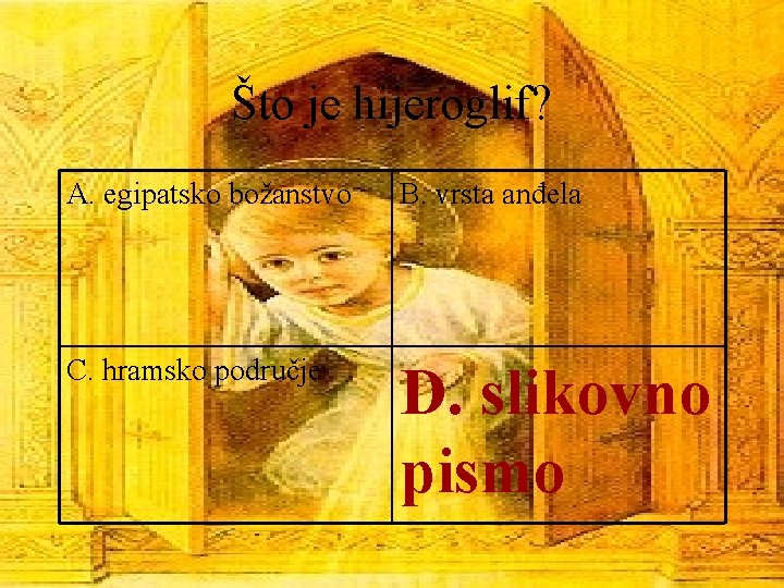 Što je hijeroglif? A. egipatsko božanstvo B. vrsta anđela C. hramsko područje D. slikovno