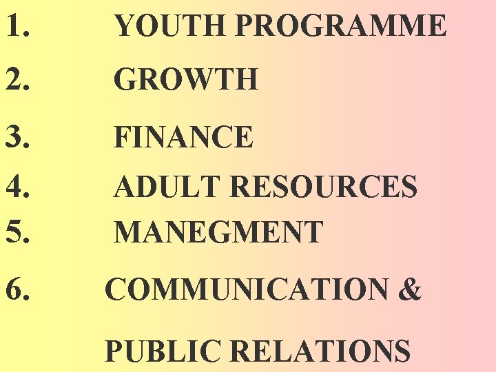 1. YOUTH PROGRAMME 2. GROWTH 3. 4. 5. FINANCE 6. COMMUNICATION & ADULT RESOURCES