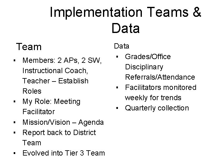 Implementation Teams & Data Team ▪ Members: 2 APs, 2 SW, Instructional Coach, Teacher