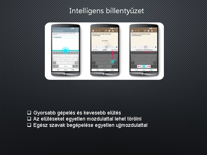 Intelligens billentyűzet q Gyorsabb gépelés és kevesebb elütés q Az elütéseket egyetlen mozdulattal lehet