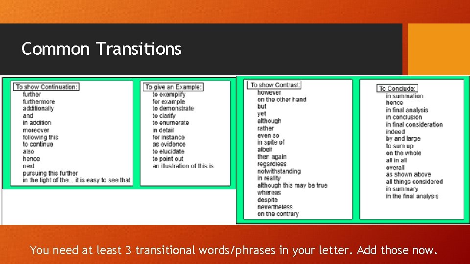 Common Transitions You need at least 3 transitional words/phrases in your letter. Add those