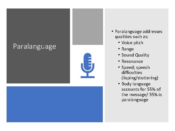 Paralanguage • Paralanguage addresses qualities such as: • Voice pitch • Range • Sound