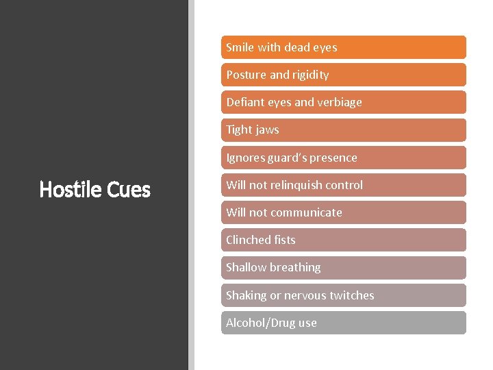 Smile with dead eyes Posture and rigidity Defiant eyes and verbiage Tight jaws Ignores