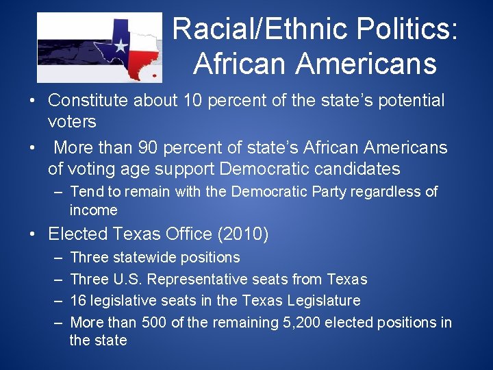 Racial/Ethnic Politics: African Americans • Constitute about 10 percent of the state’s potential voters