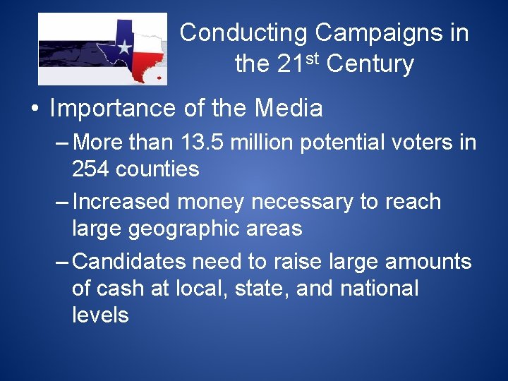 Conducting Campaigns in the 21 st Century • Importance of the Media – More
