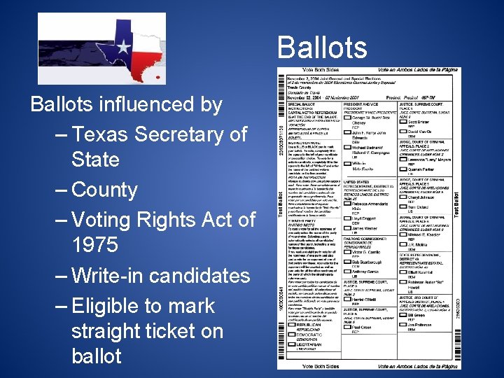 Ballots influenced by – Texas Secretary of State – County – Voting Rights Act