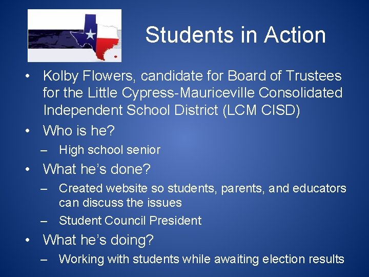 Students in Action • Kolby Flowers, candidate for Board of Trustees for the Little