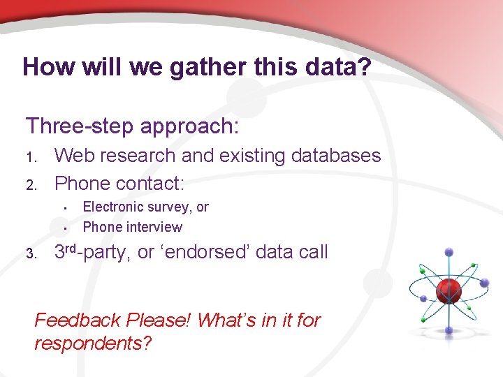 How will we gather this data? Three-step approach: 1. 2. Web research and existing