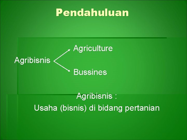 Pendahuluan Agriculture Agribisnis Bussines Agribisnis : Usaha (bisnis) di bidang pertanian 