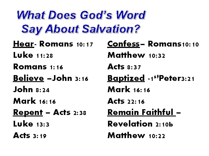 What Does God’s Word Say About Salvation? Hear- Romans 10: 17 Luke 11: 28