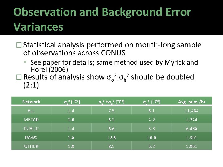 Observation and Background Error Variances � Statistical analysis performed on month-long sample of observations