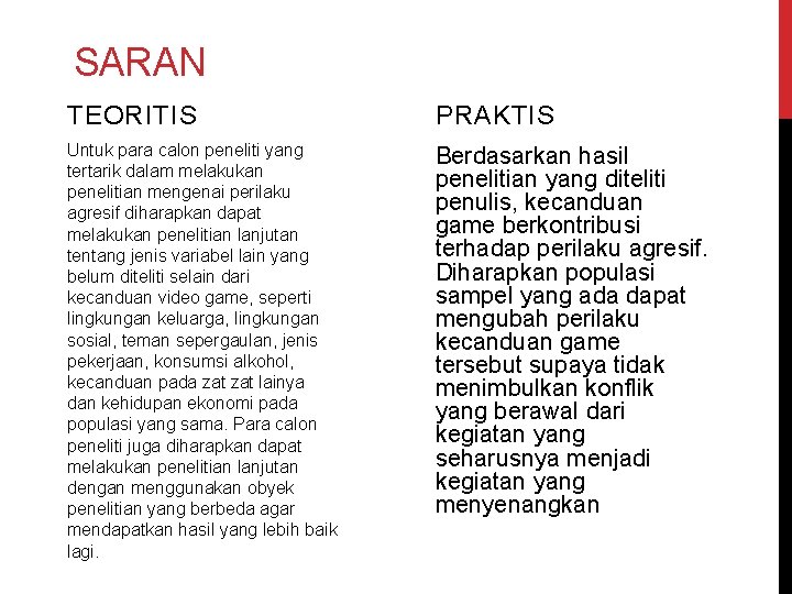 SARAN TEORITIS PRAKTIS Untuk para calon peneliti yang tertarik dalam melakukan penelitian mengenai perilaku