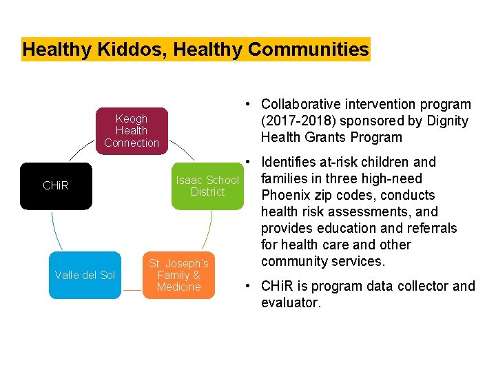 Healthy Kiddos, Healthy Communities • Collaborative intervention program (2017 -2018) sponsored by Dignity Health Healthy Kiddos, Healthy Communities • Collaborative intervention program (2017 -2018) sponsored by Dignity Health