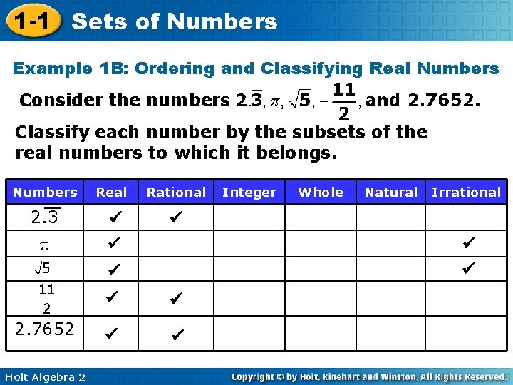 1 -1 Sets of Numbers Example 1 B: Ordering and Classifying Real Numbers Consider