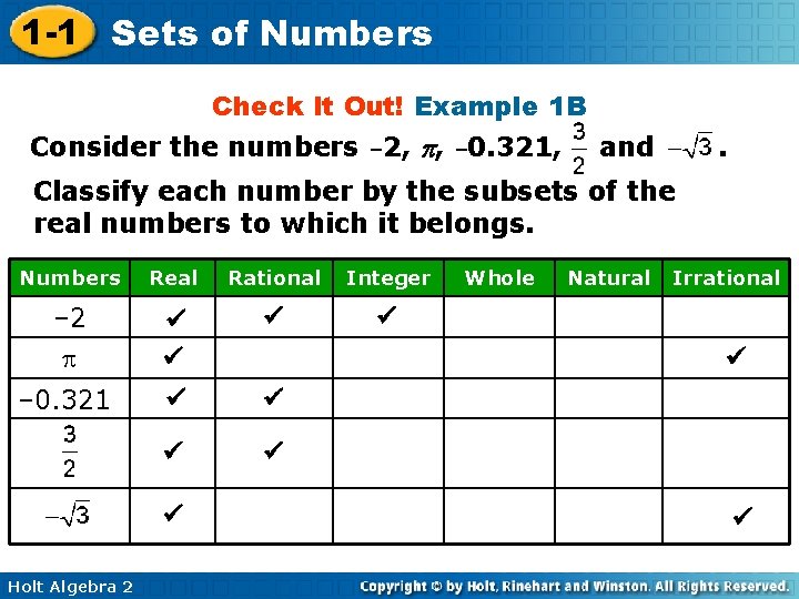1 -1 Sets of Numbers Check It Out! Example 1 B Consider the numbers