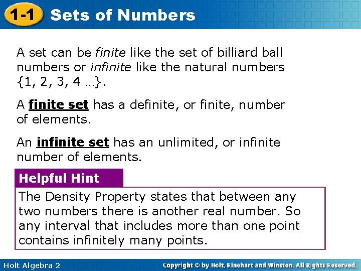 1 -1 Sets of Numbers A set can be finite like the set of
