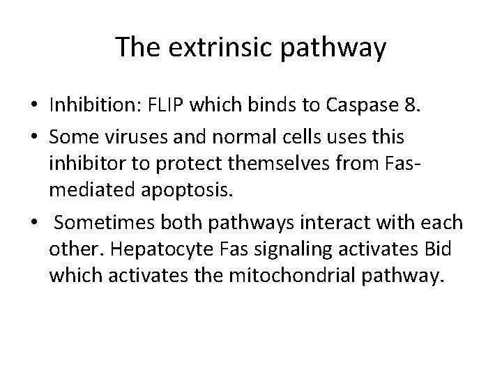 The extrinsic pathway • Inhibition: FLIP which binds to Caspase 8. • Some viruses